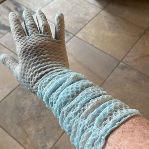 Vintage LOUIS FISCHL Ruched Sheer Long Light Blue Gloves Size 6 1/2